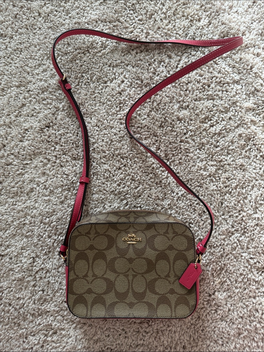Coach Brown Signature Crossbody with Pink Trim